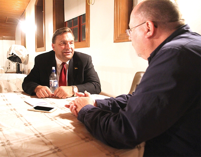 Ken Cheveldayoff being interviewed at the Moosomin Saskatchewan Party Constituency Association leadership forum in Welseley Wednesday.